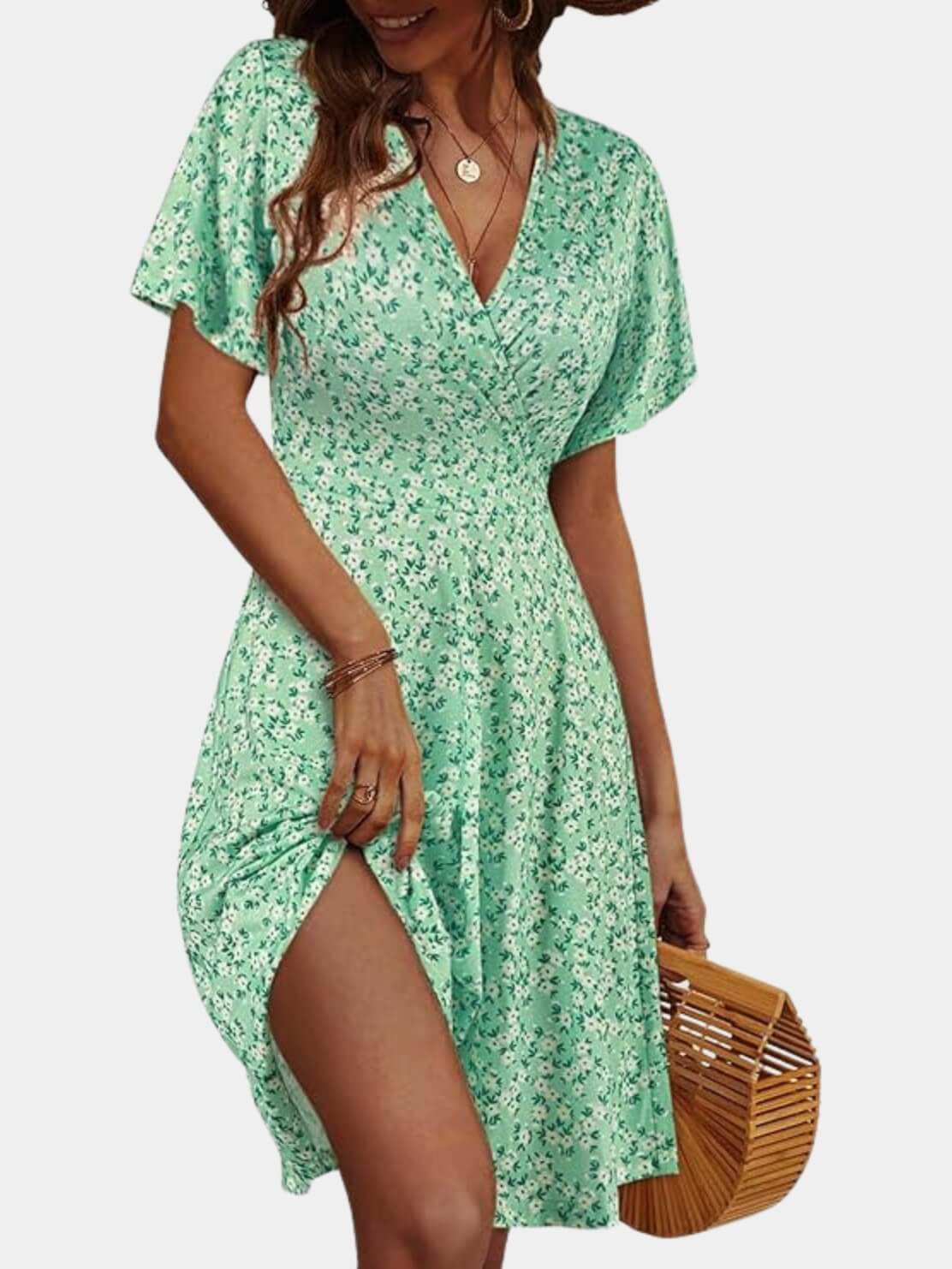 Short Sleeve V-Neck Midi Dress