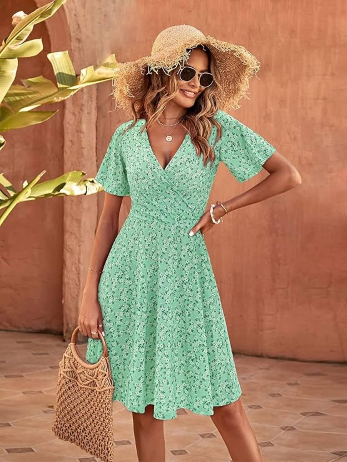 Short Sleeve V-Neck Midi Dress