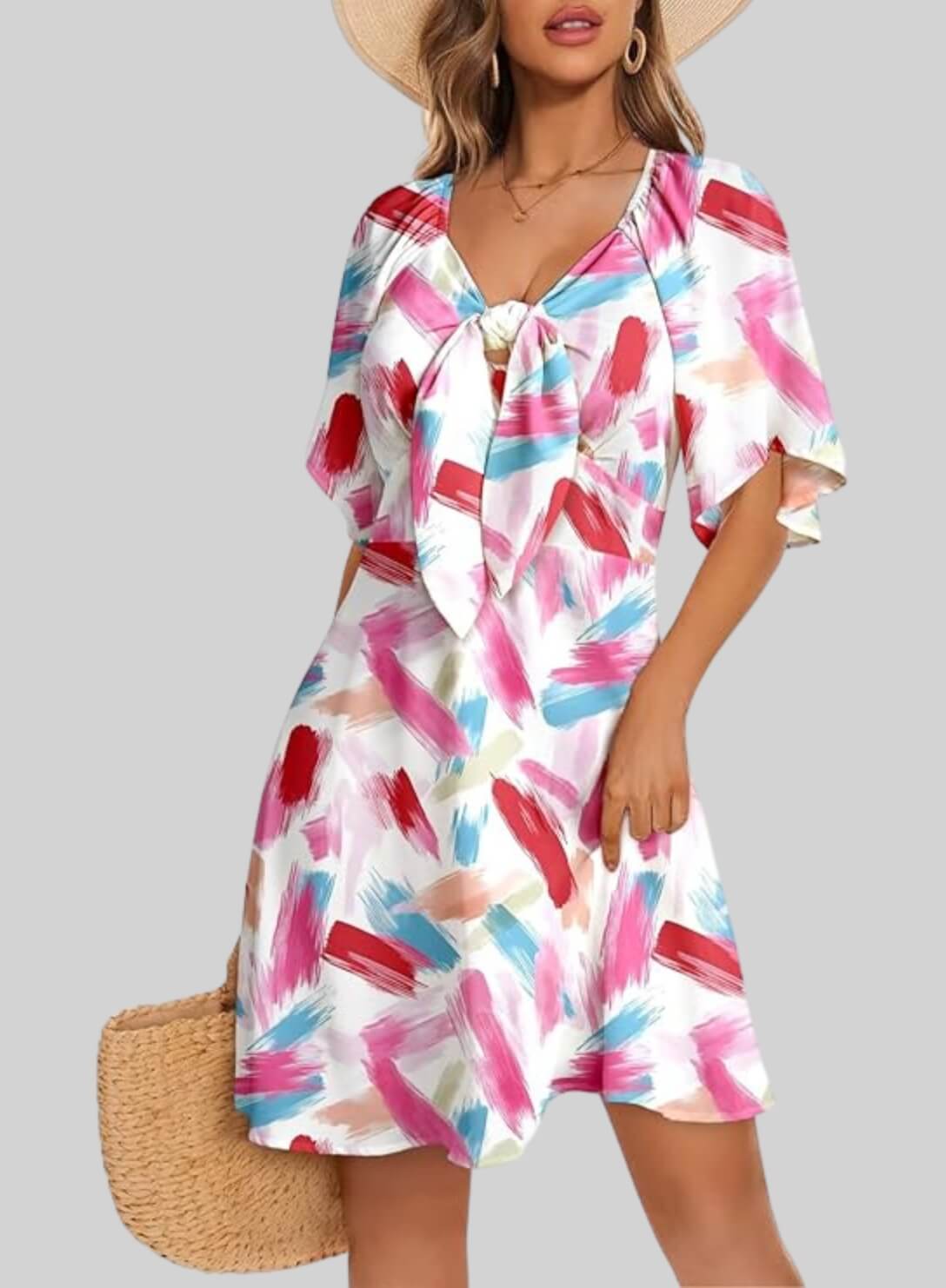 V-Neck Bow Tie Mini Dress