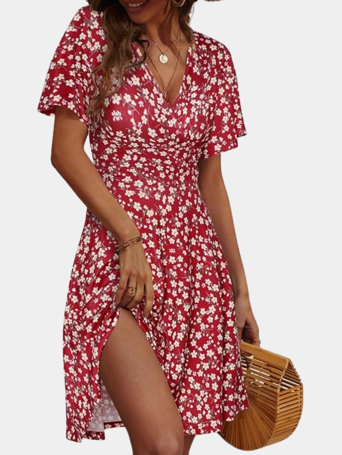 Short Sleeve V-Neck Midi Dress
