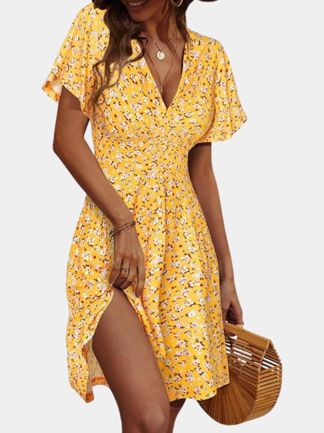 Short Sleeve V-Neck Midi Dress