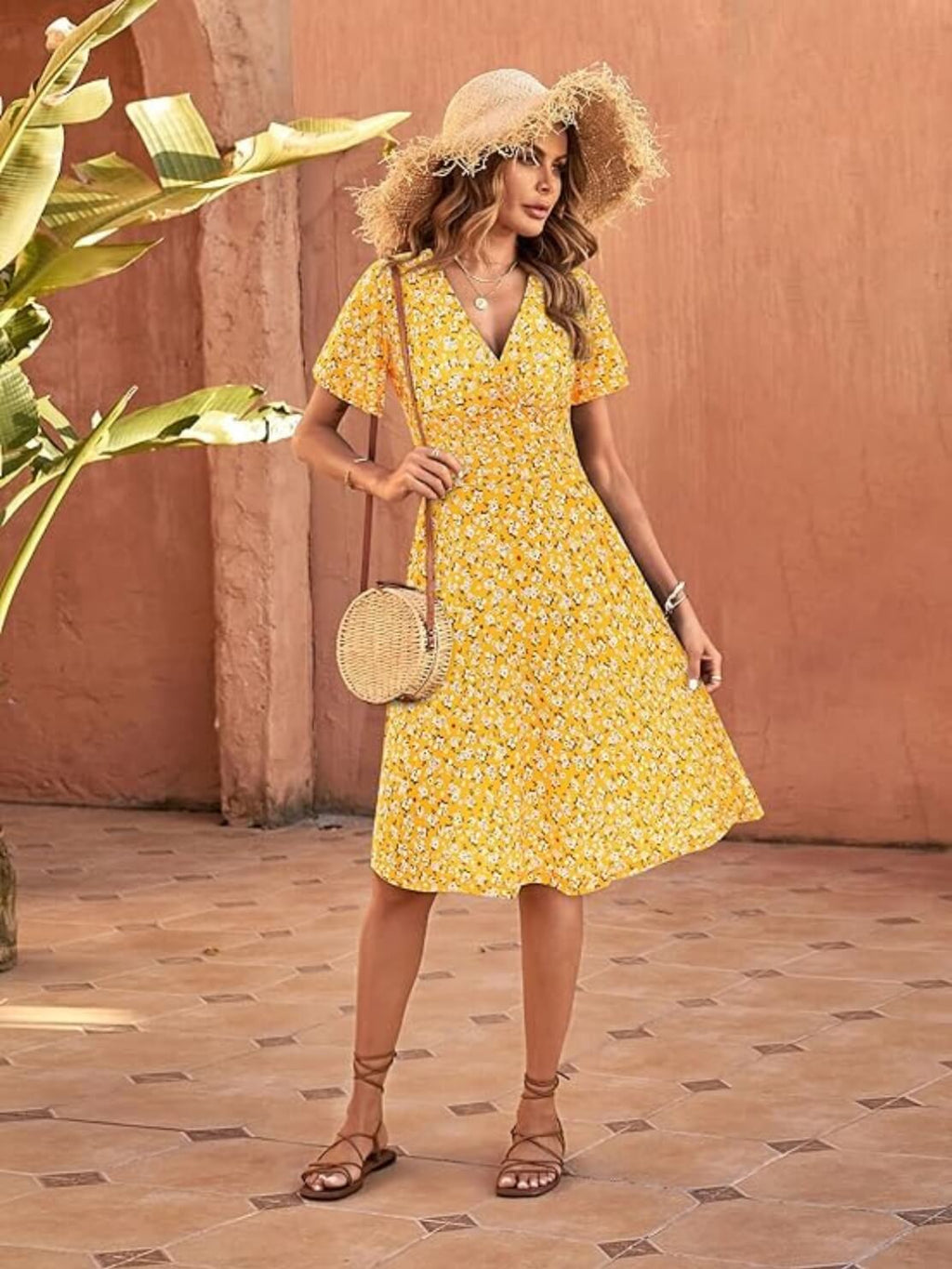 Short Sleeve V-Neck Midi Dress