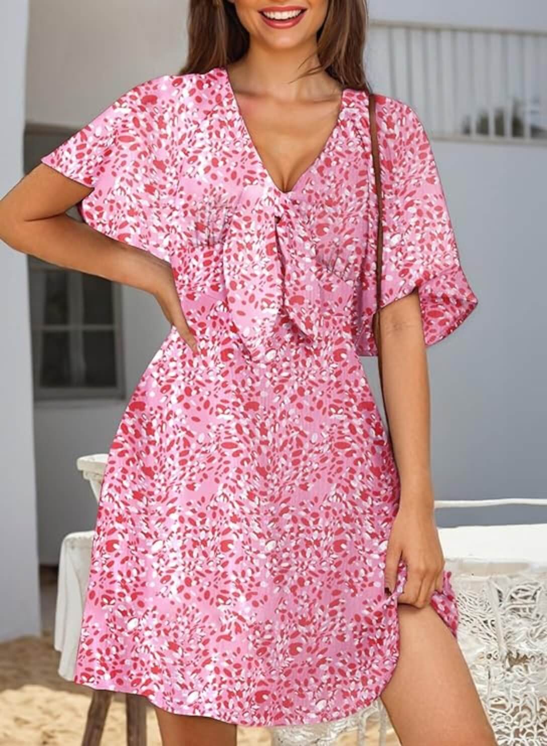 V-Neck Bow Tie Mini Dress