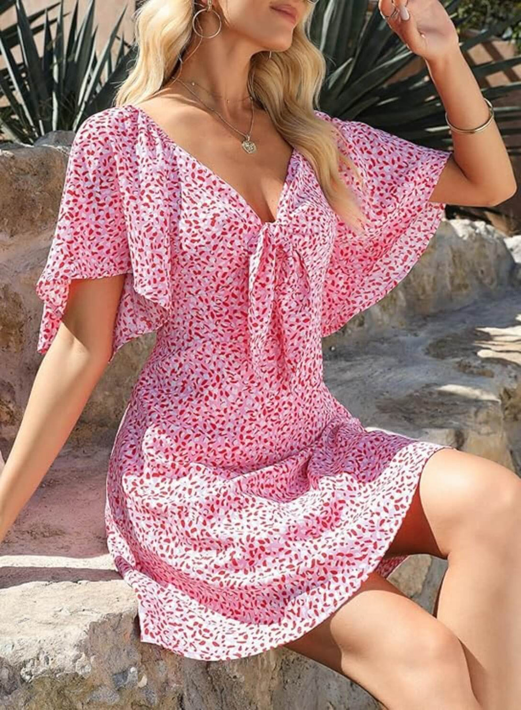 V-Neck Bow Tie Mini Dress