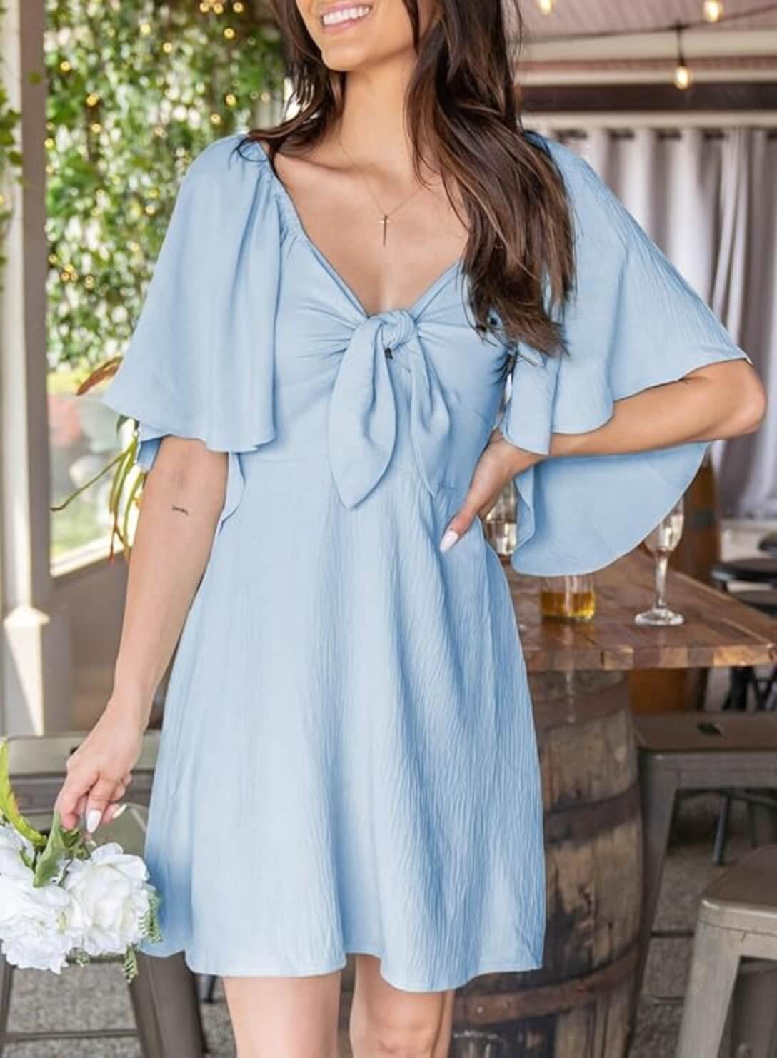 V-Neck Bow Tie Mini Dress