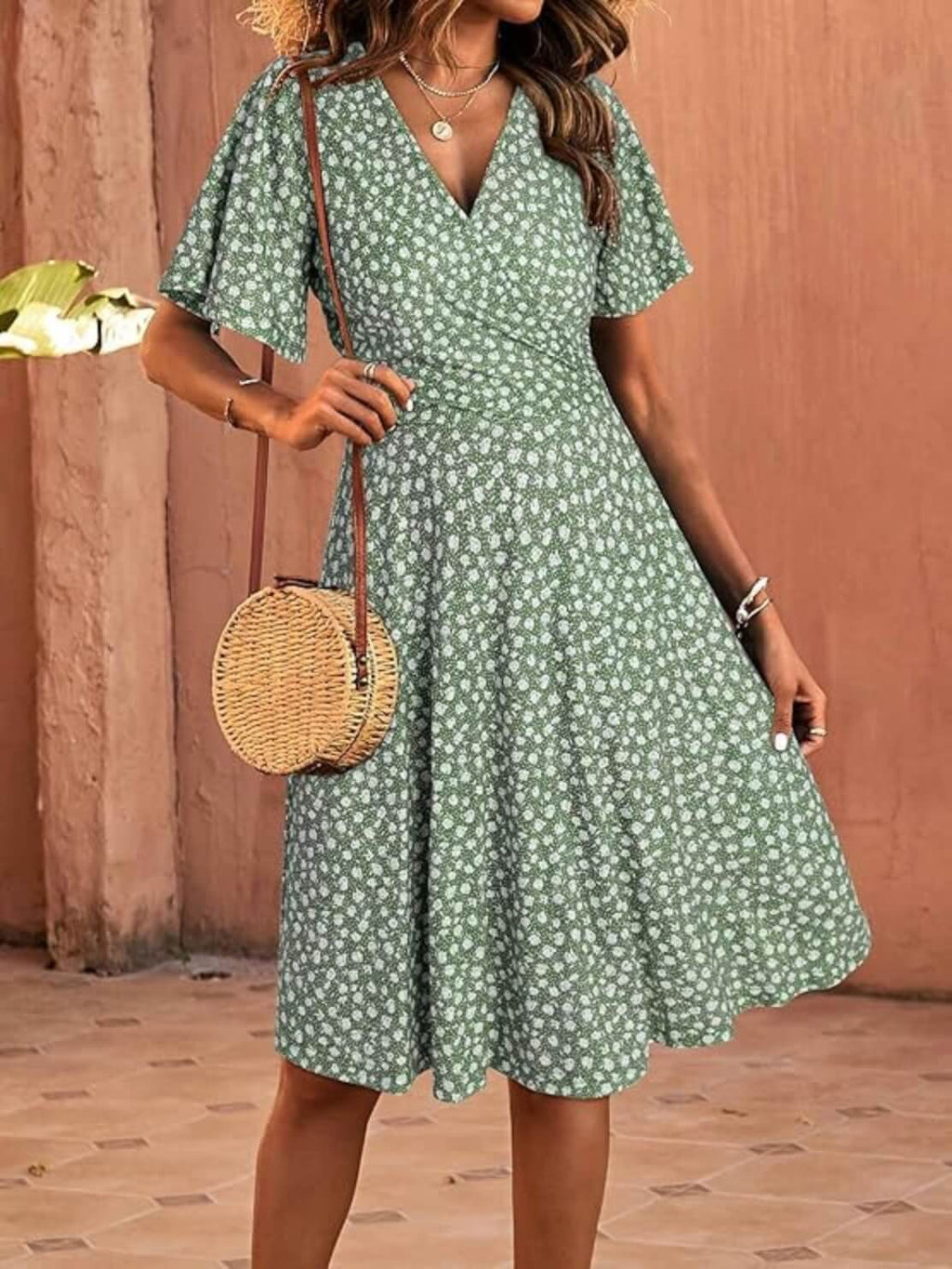 Short Sleeve V-Neck Midi Dress