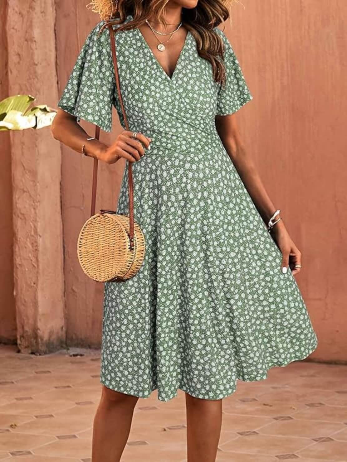 Short Sleeve V-Neck Midi Dress