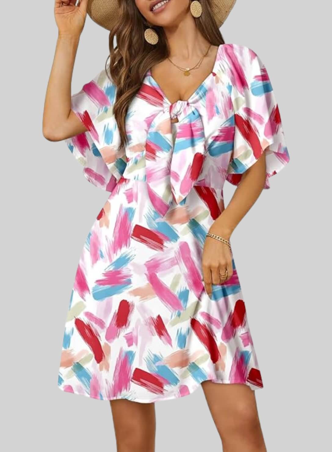 V-Neck Bow Tie Mini Dress