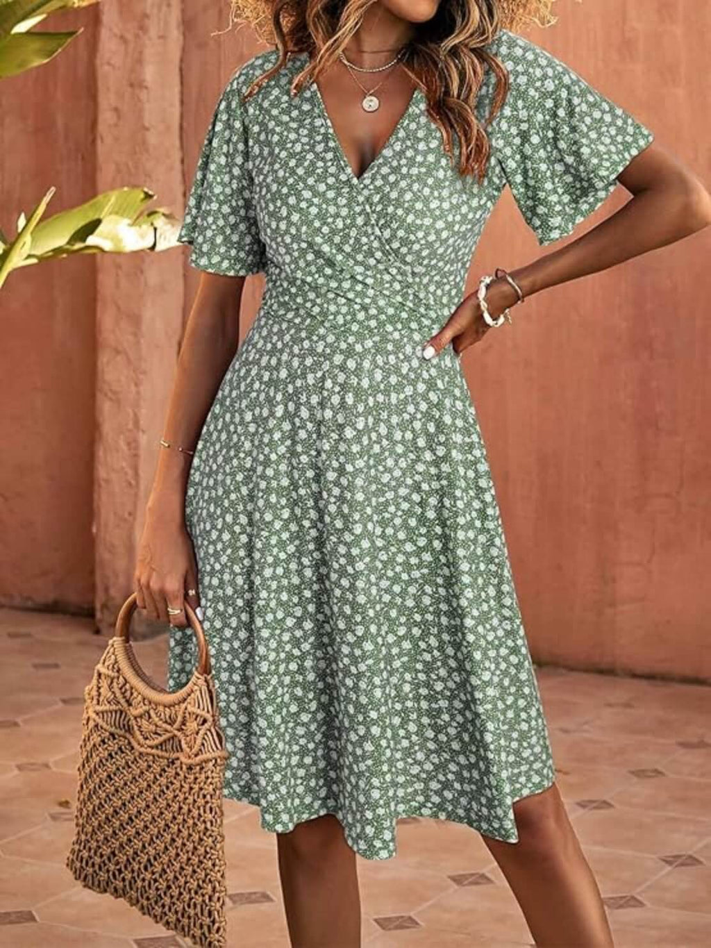 Short Sleeve V-Neck Midi Dress