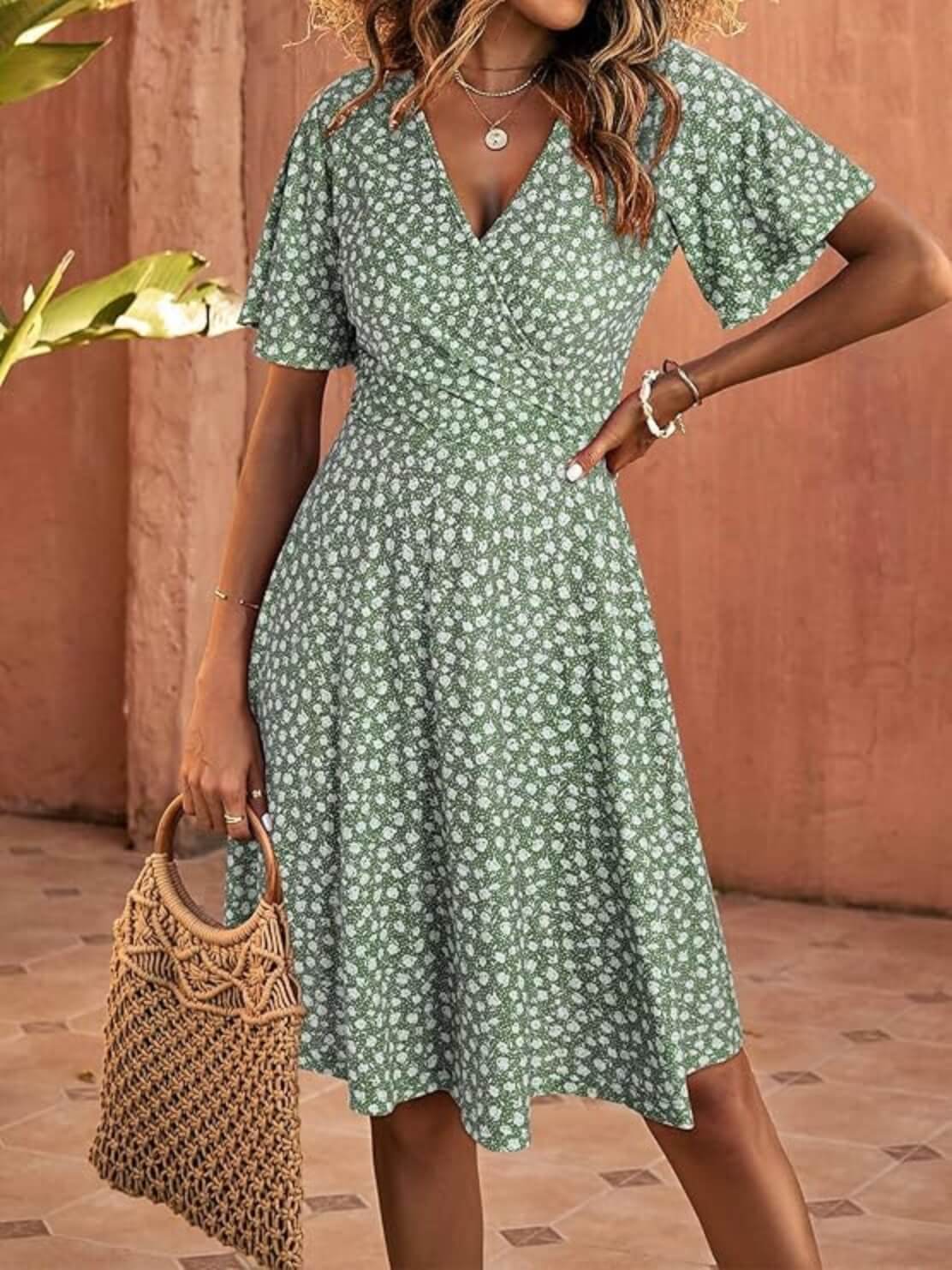 Short Sleeve V-Neck Midi Dress