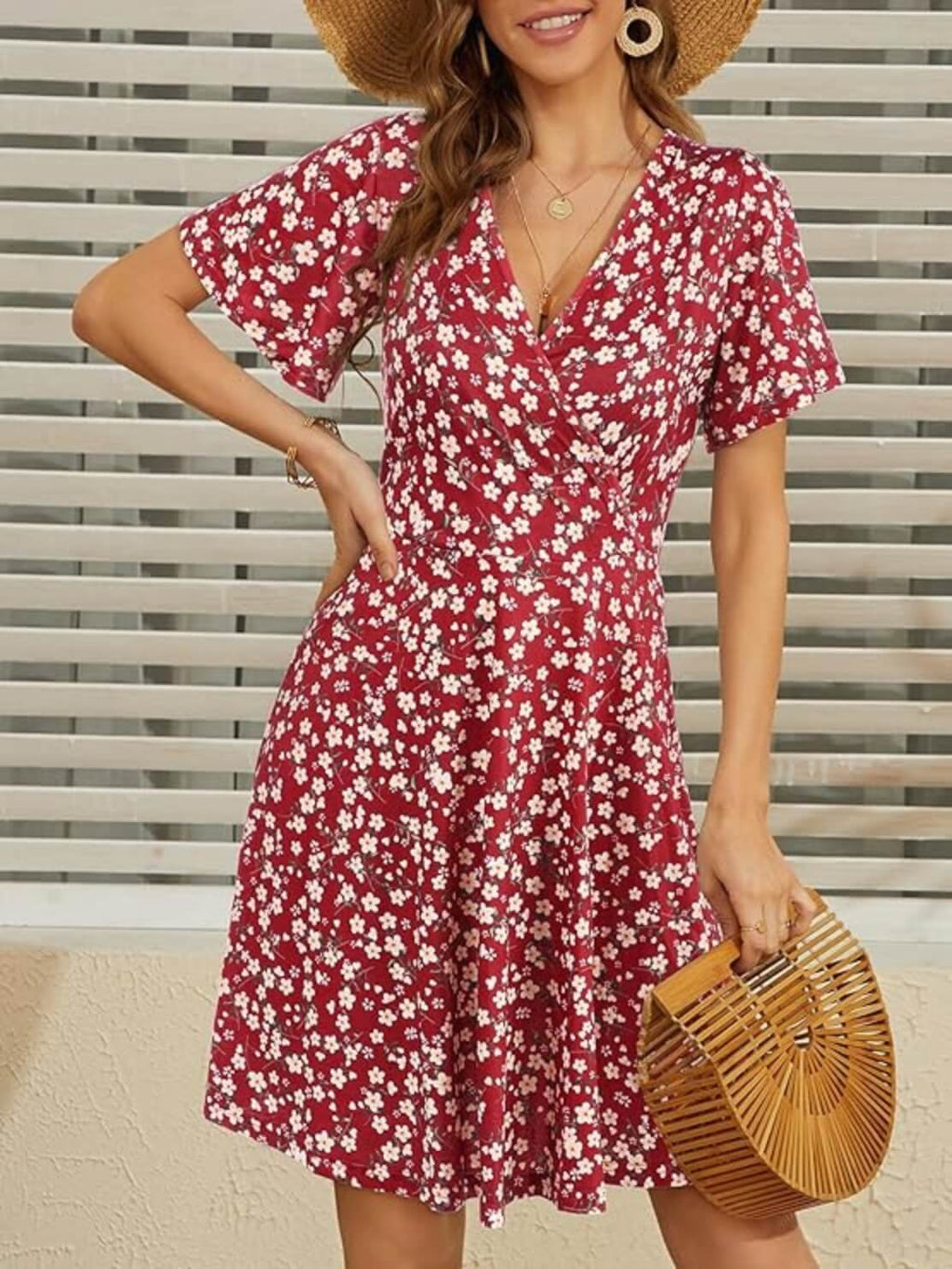 Short Sleeve V-Neck Midi Dress