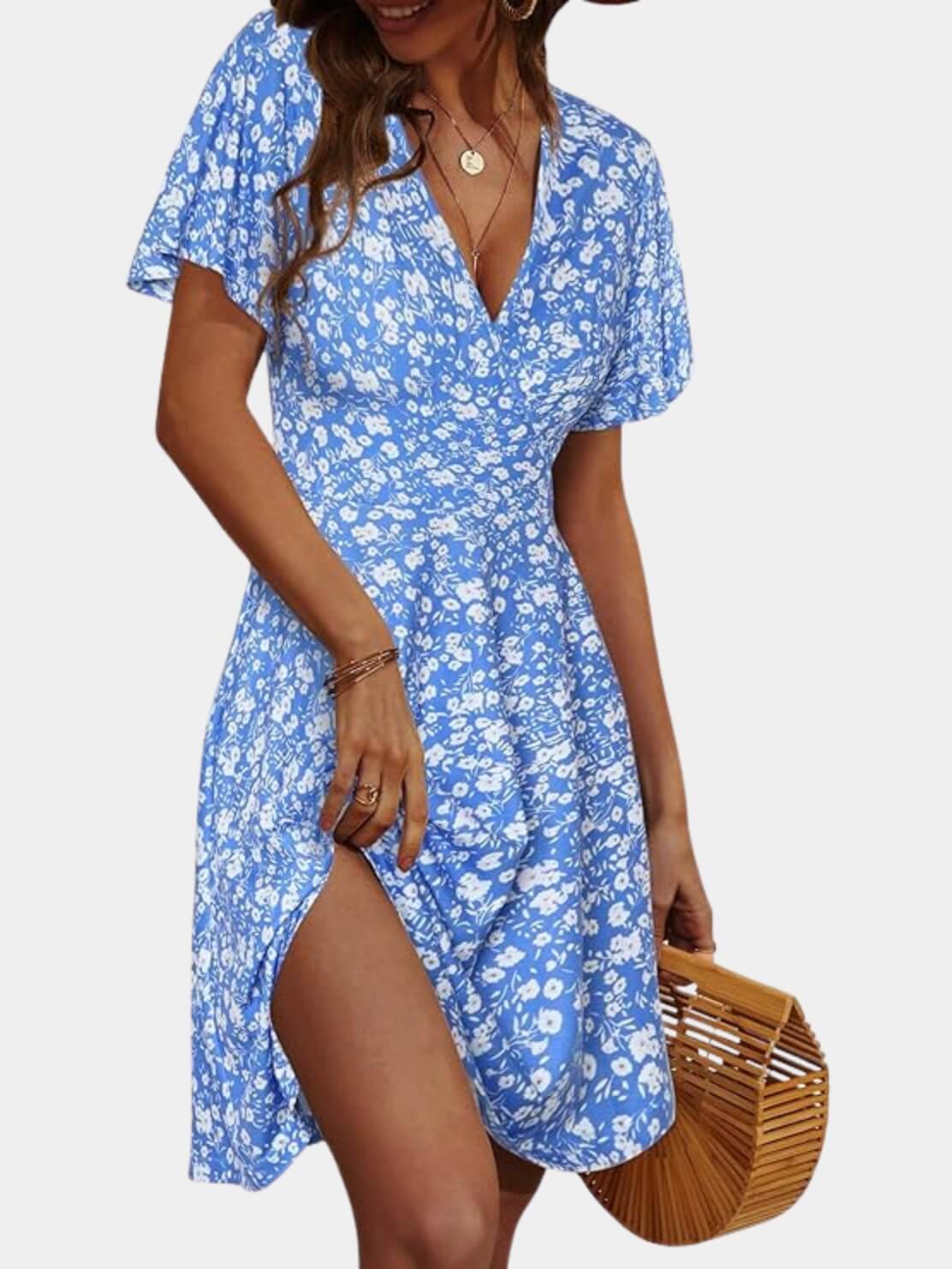 Short Sleeve V-Neck Midi Dress